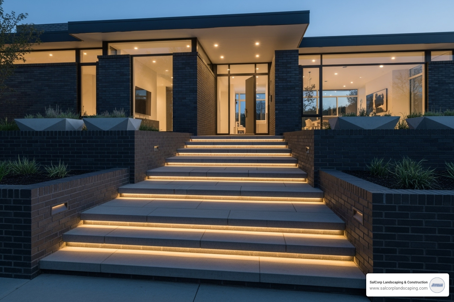 a contemporary home with sleek, grey brick steps, sharp lines, and integrated LED lighting. - brick step ideas