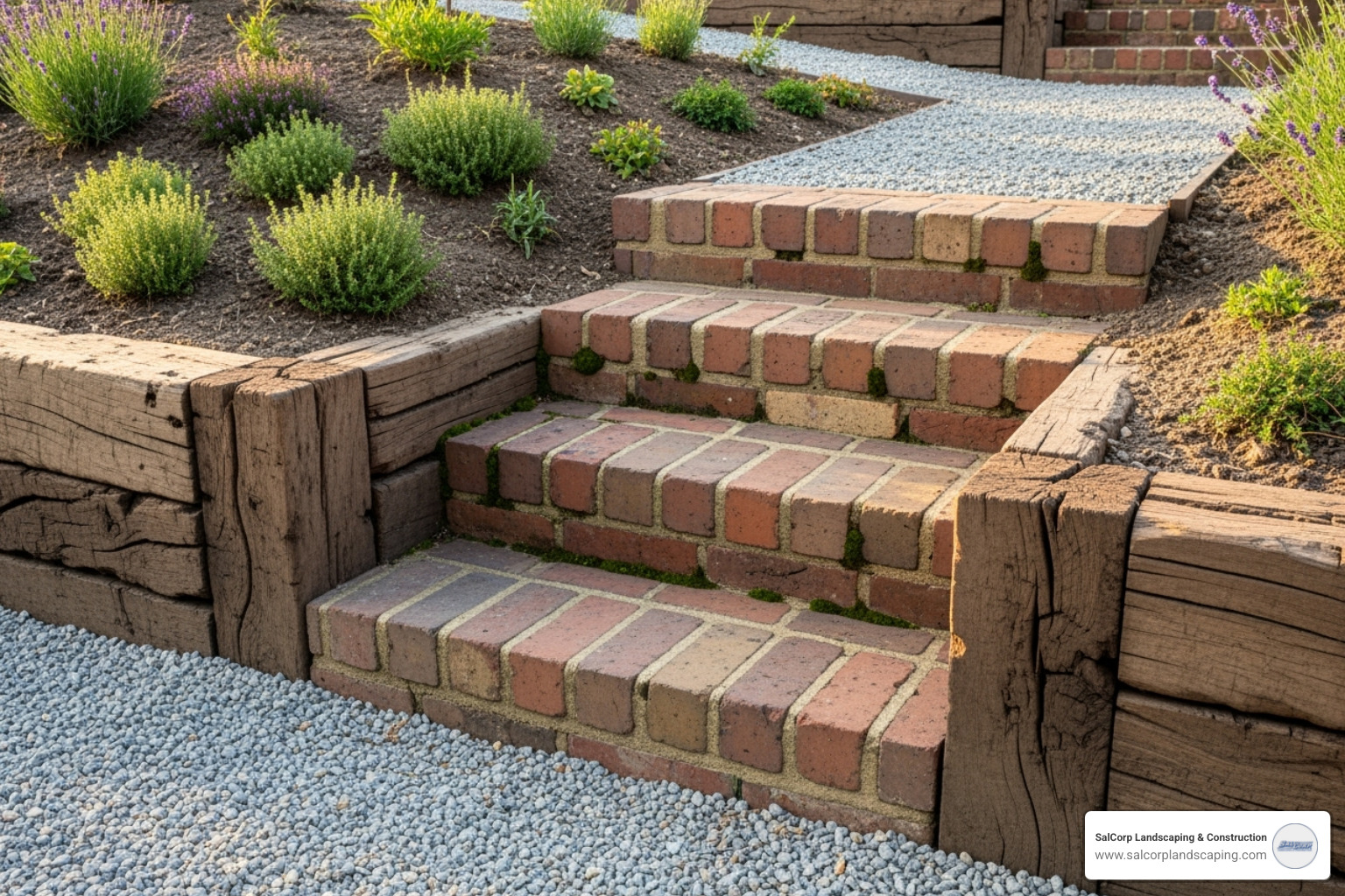 weathered, reclaimed brick steps integrated into a garden slope with timber retainers and gravel. - brick step ideas
