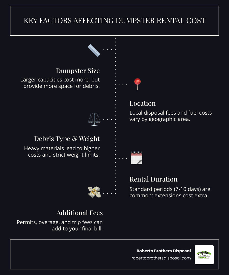 Infographic showing the main cost factors for roll off dumpster rentals: dumpster size (small to large containers), location (map with different price zones), debris type (construction materials, household items, yard waste), rental period (calendar showing days/weeks), and additional fees (permit costs, overage charges, delivery fees) - average cost of a roll off dumpster infographic infographic-line-5-steps-dark