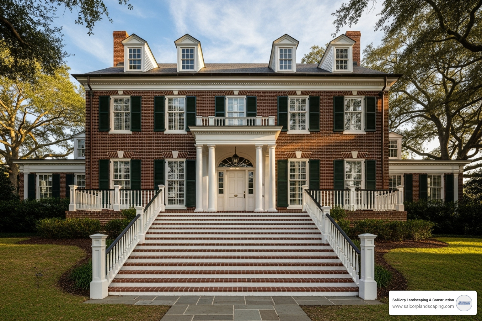 a traditional colonial home with straight, wide red brick steps and white risers. - brick step ideas