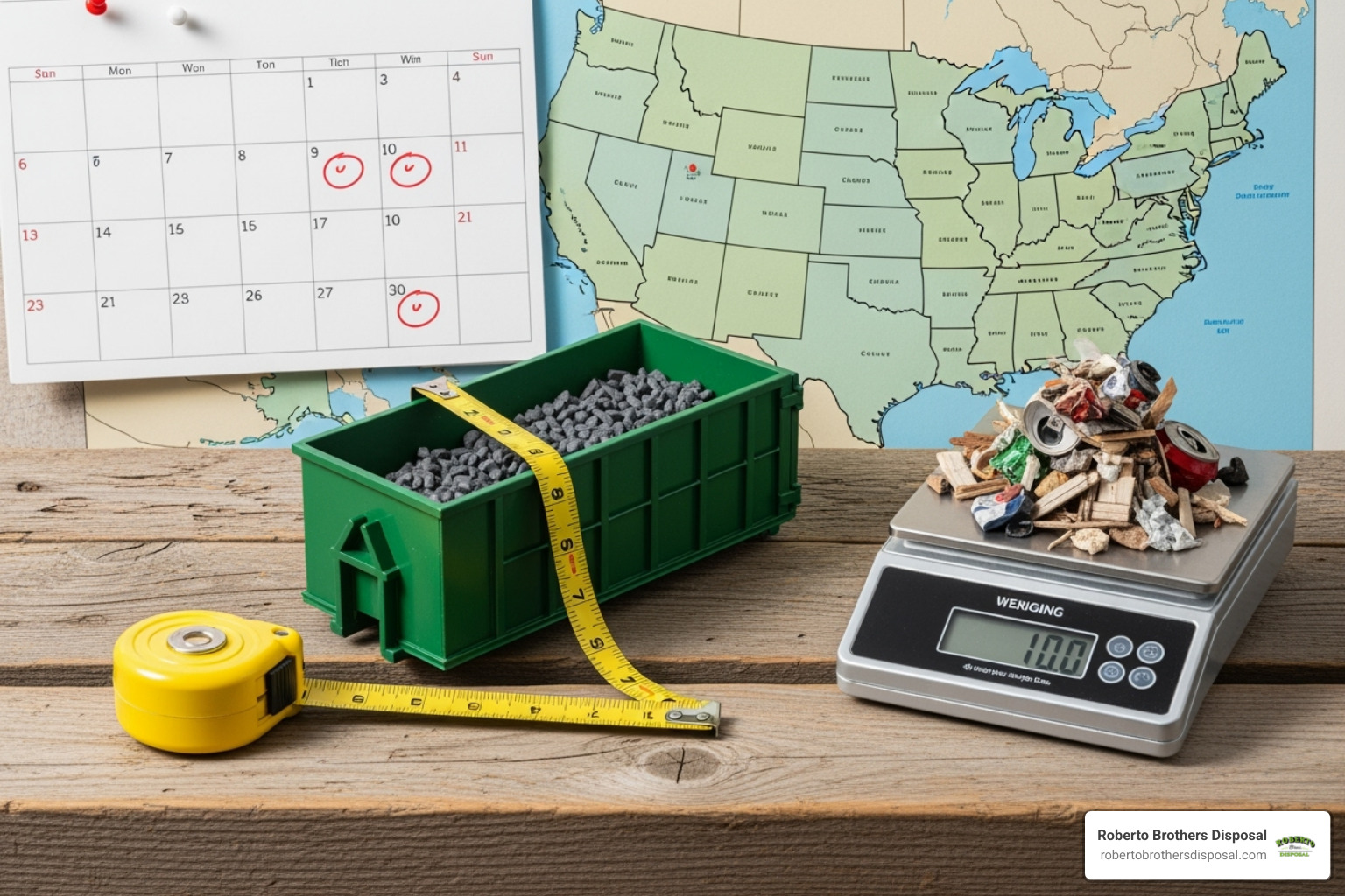 collage representing cost factors: dumpster size, map, scale, calendar - average cost of a roll off dumpster