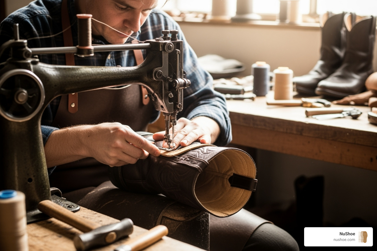 cobbler stitching new lining - Cowboy boot lining repair
