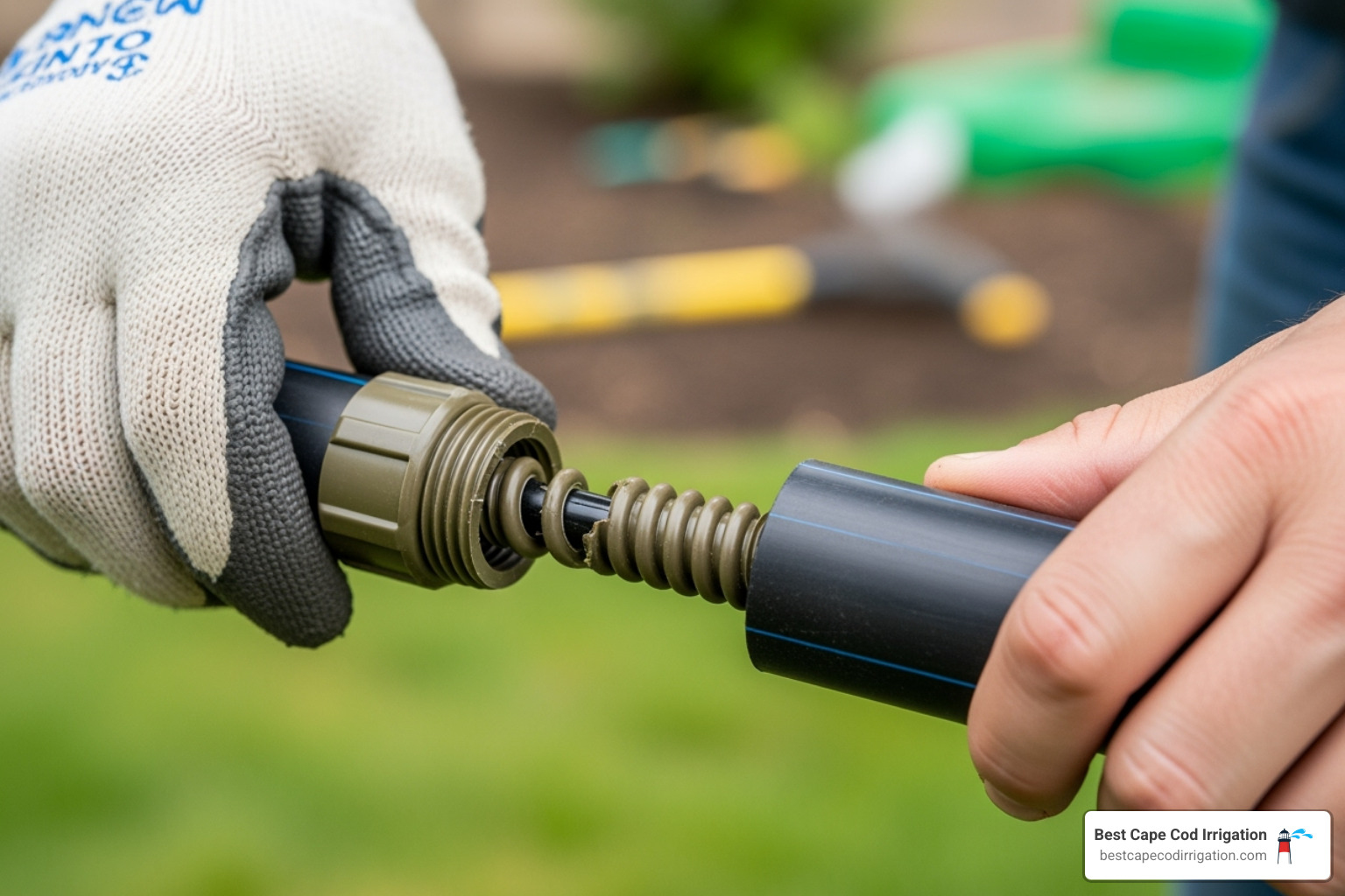 hands connecting a spiral barb fitting into a piece of swing pipe - connecting sprinkler head to poly pipe