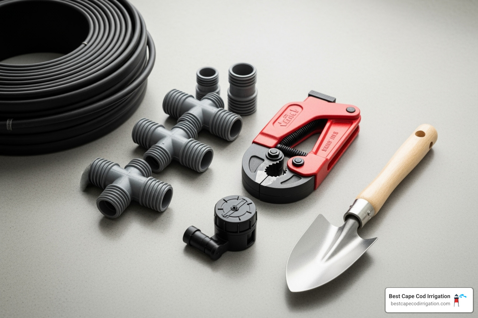 all necessary tools and materials laid out: a roll of swing pipe, spiral barb fittings, a pipe cutter, a shovel, and a sprinkler head - connecting sprinkler head to poly pipe