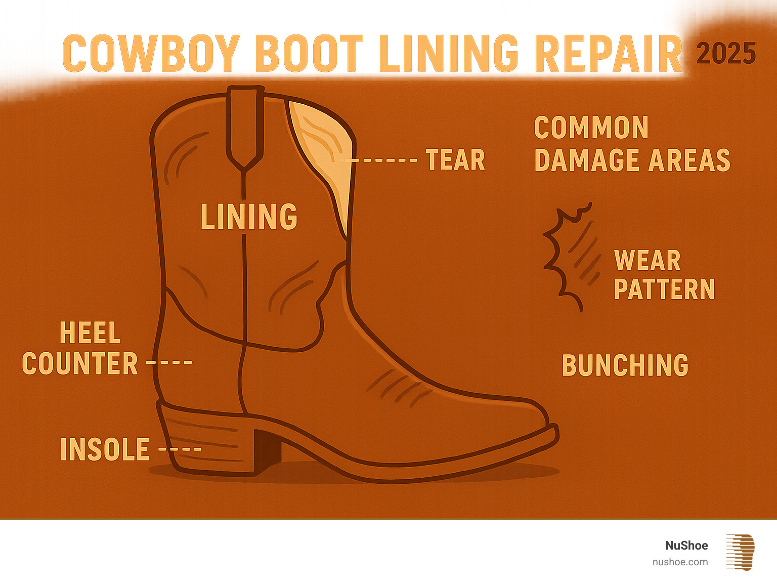 Detailed infographic showing cowboy boot anatomy with labeled lining components, heel counter, insole, and common damage areas including tear locations and wear patterns - Cowboy boot lining repair infographic 