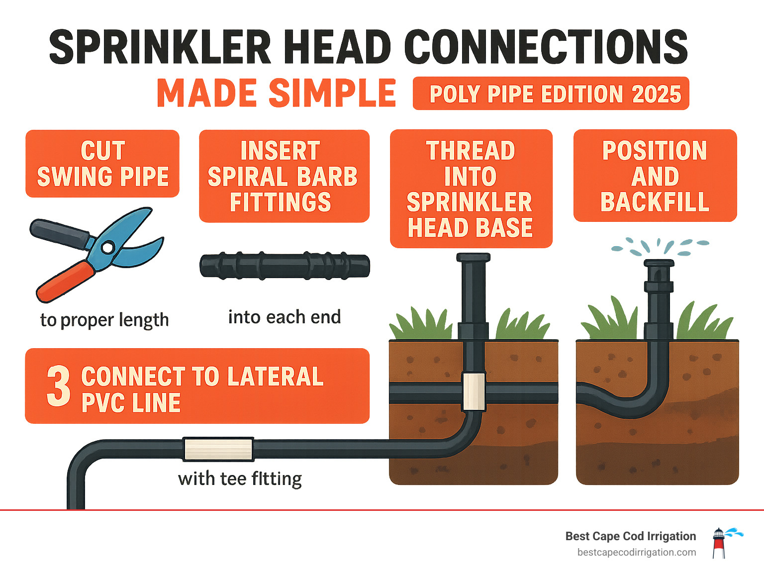 Step-by-step infographic showing poly pipe connection process: cutting swing pipe to proper length, installing spiral barb fittings on both ends, connecting to lateral PVC line with tee fitting, threading into sprinkler head base, and proper positioning for drainage - connecting sprinkler head to poly pipe infographic 