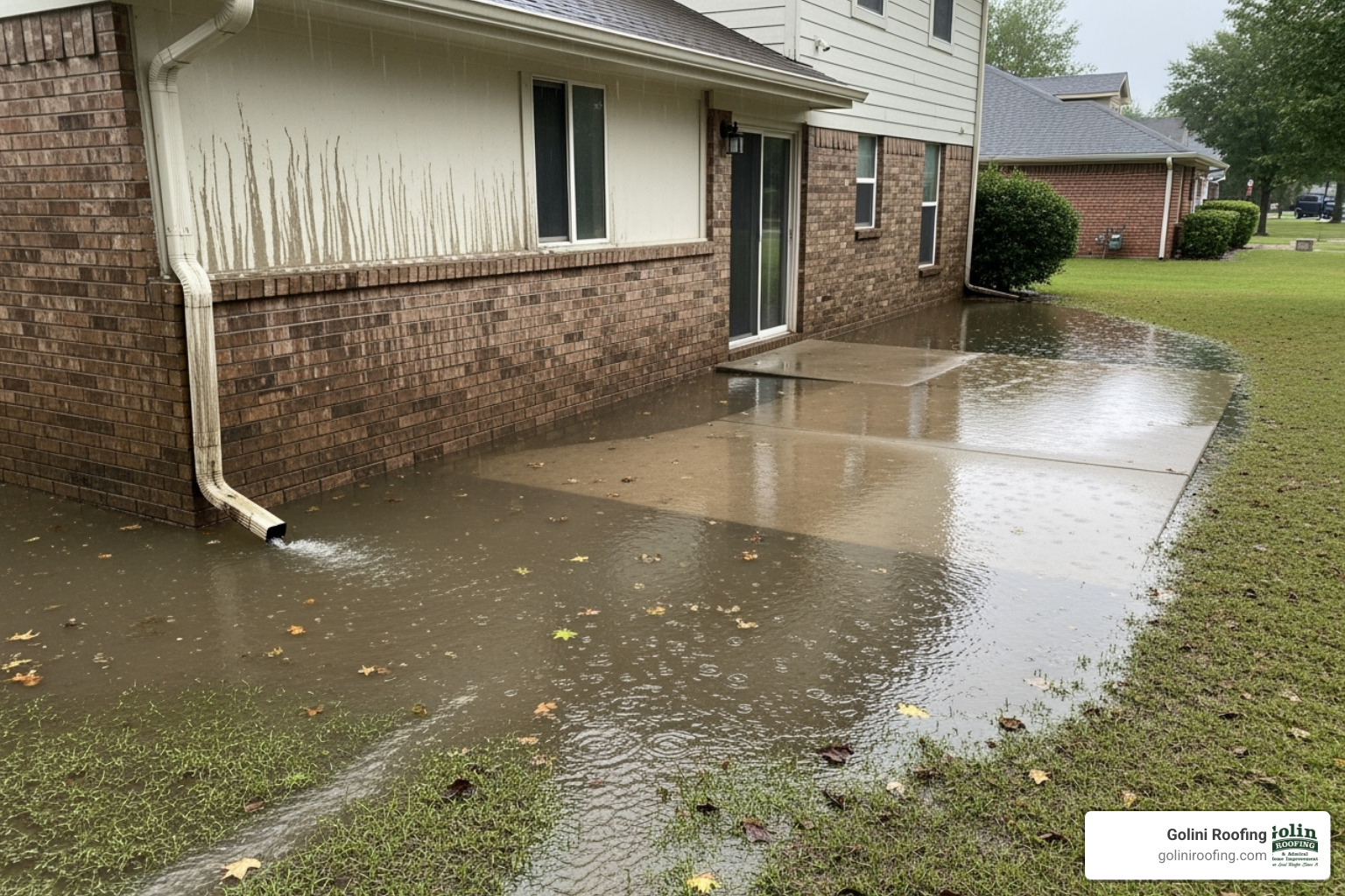 Water pooling near a home's foundation, indicating drainage issues - drain pipes and guttering Water pooling near a home's foundation, indicating drainage issues - drain pipes and guttering