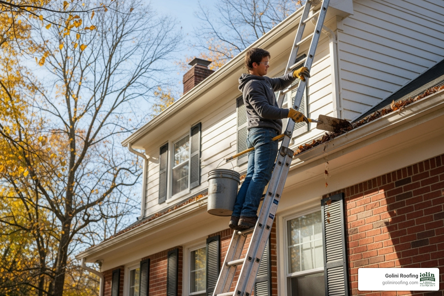 Homeowner safely cleaning leaves from a gutter - drain pipes and guttering Homeowner safely cleaning leaves from a gutter - drain pipes and guttering