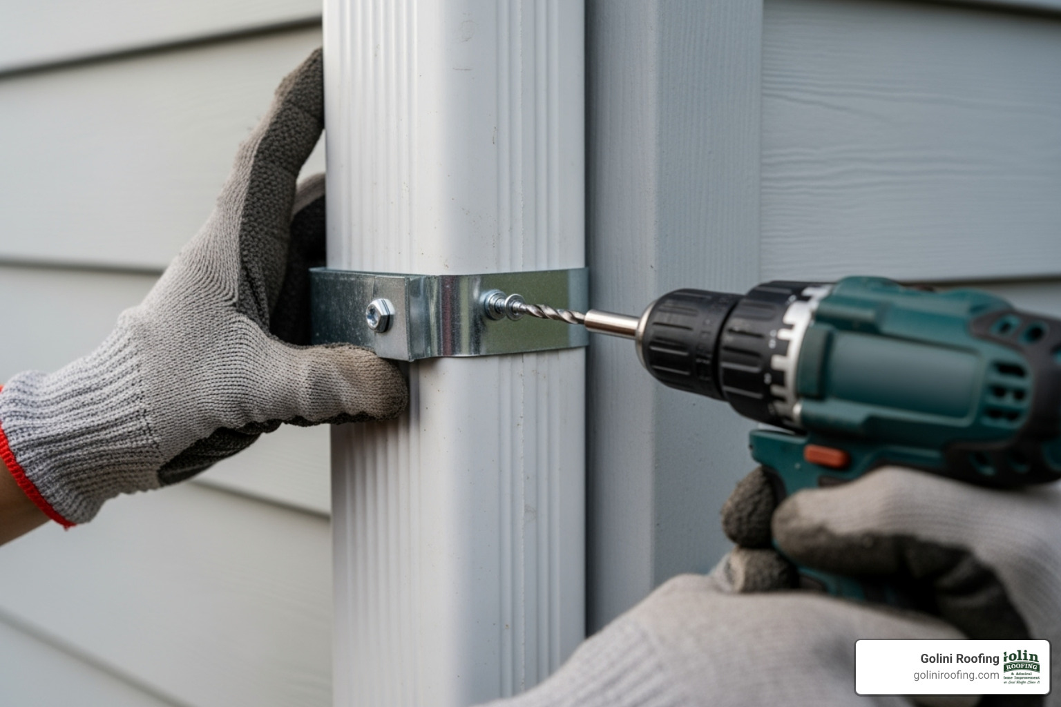 Hands securing a downspout to a wall with a strap - drain pipes and guttering Hands securing a downspout to a wall with a strap - drain pipes and guttering