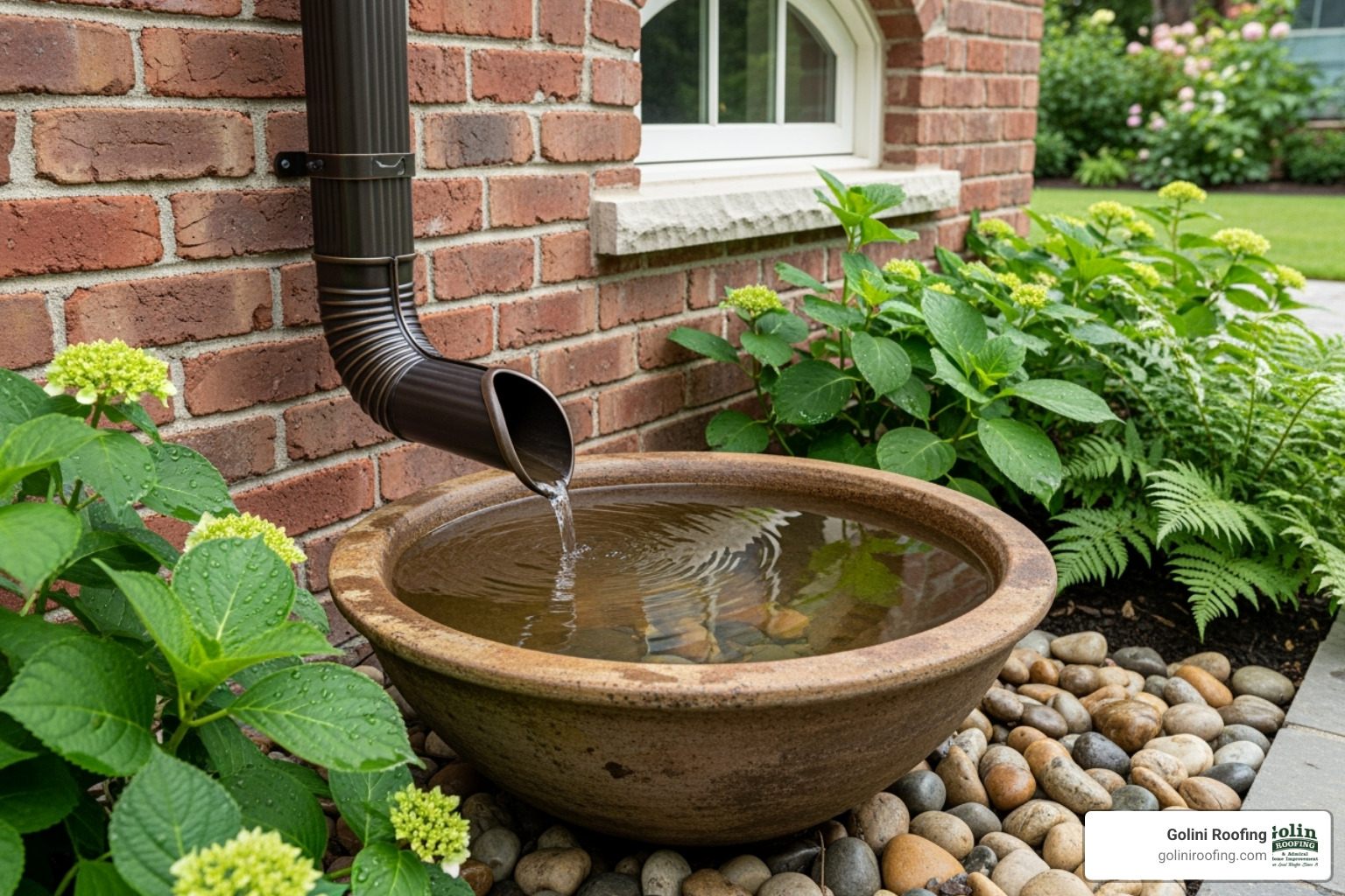 Stylish downspout guiding water into a decorative basin - drain pipes and guttering Stylish downspout guiding water into a decorative basin - drain pipes and guttering