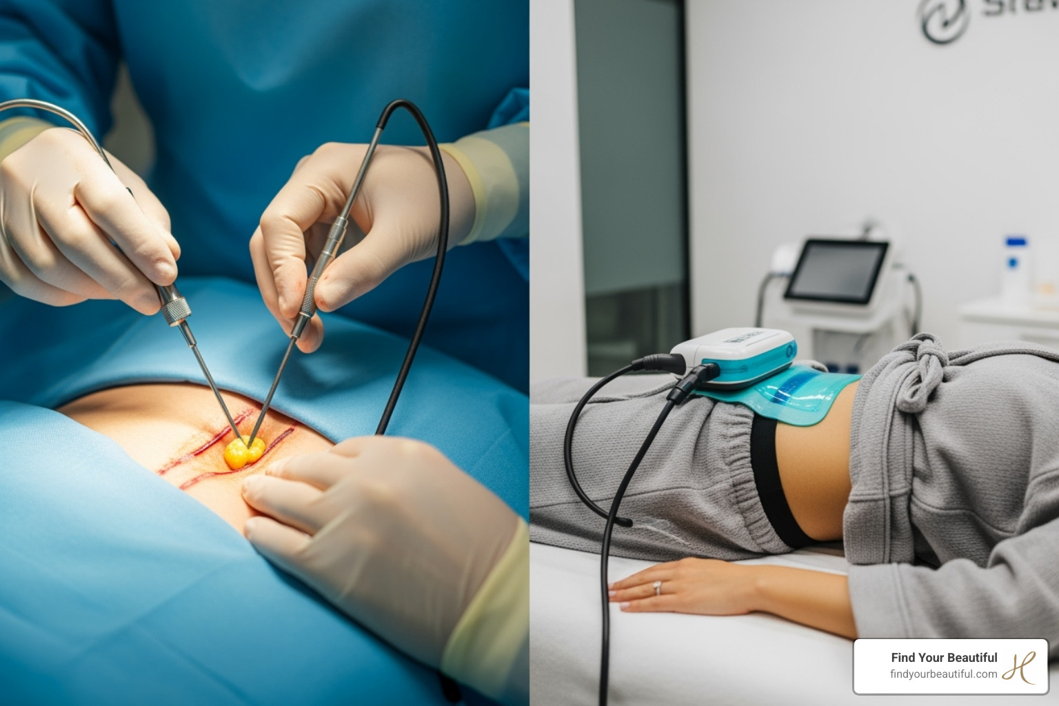 split screen surgical vs non-invasive - fat removal san antonio
