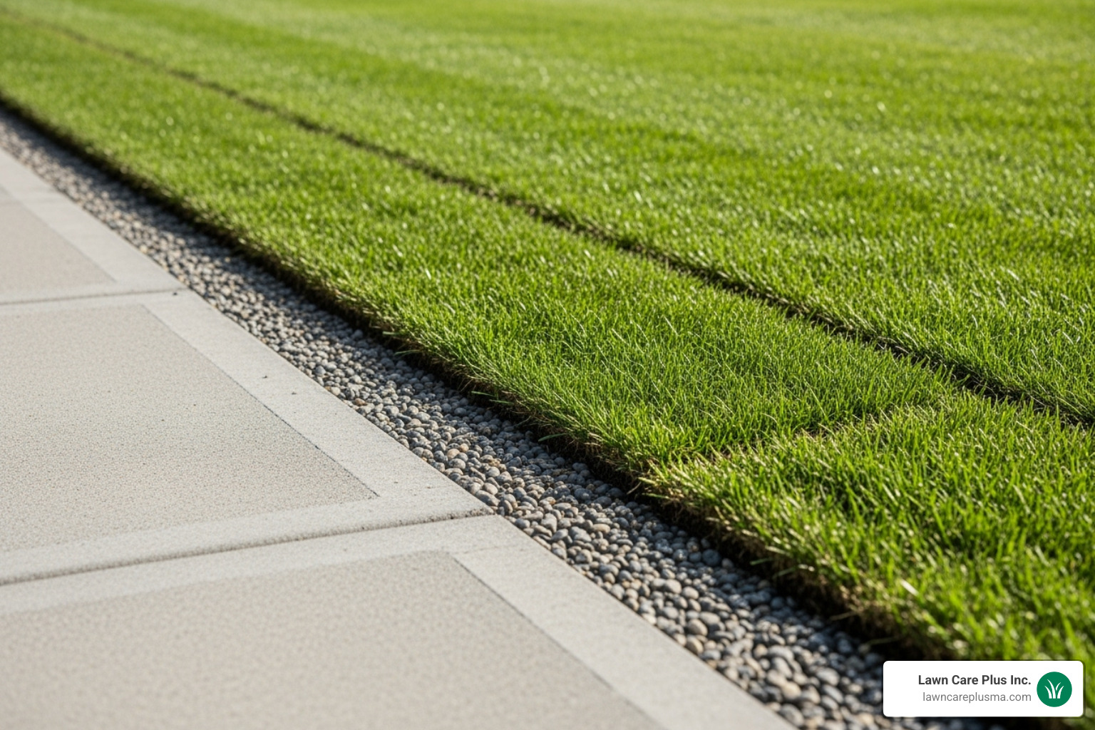 A completed French drain covered with sod, blending seamlessly into the lawn next to a sidewalk. - french drain sidewalk