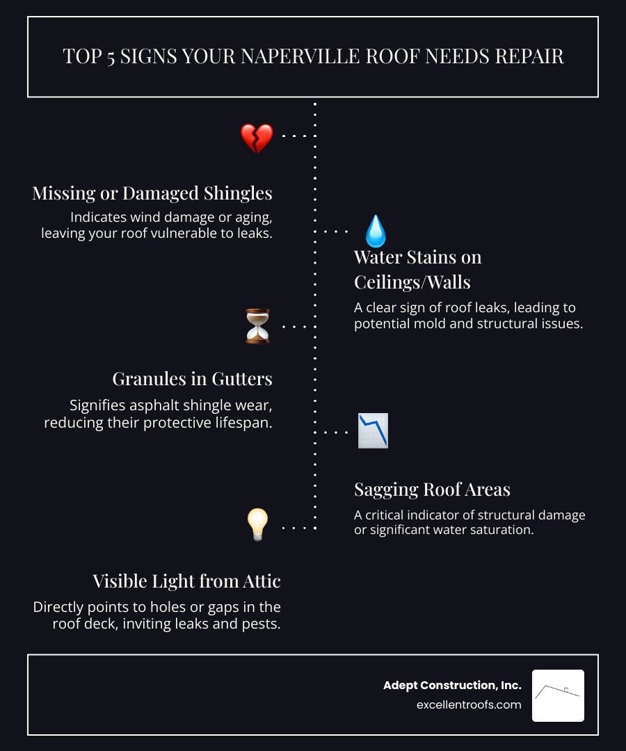 Infographic showing the top 5 signs your Naperville roof needs repair: missing or damaged shingles, water stains on ceilings or walls, granules in gutters, sagging roof areas, and visible light through the attic, with weather icons representing Naperville's challenging climate conditions - roof repair naperville il infographic infographic-line-5-steps-dark