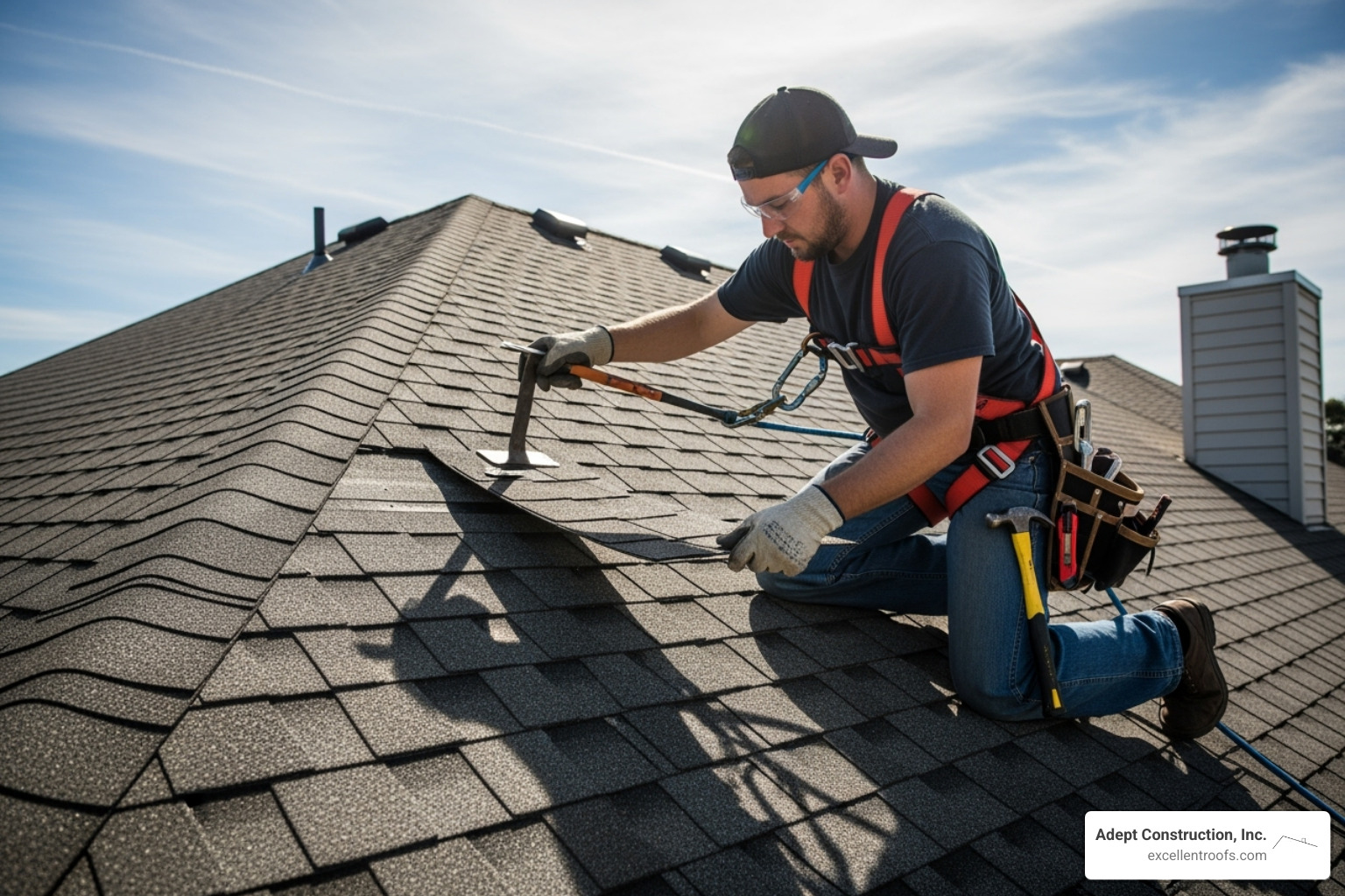 A roofer safely repairing a shingle on a roof - roof repair naperville il