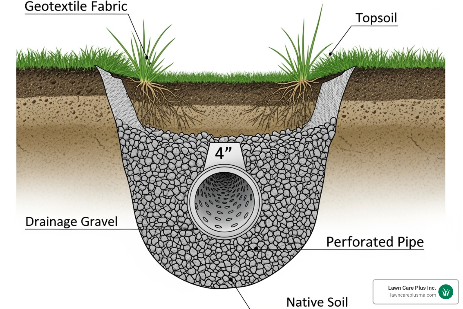 Cross-section diagram of a French drain showing the perforated pipe, gravel, and fabric within the trench - french drain sidewalk