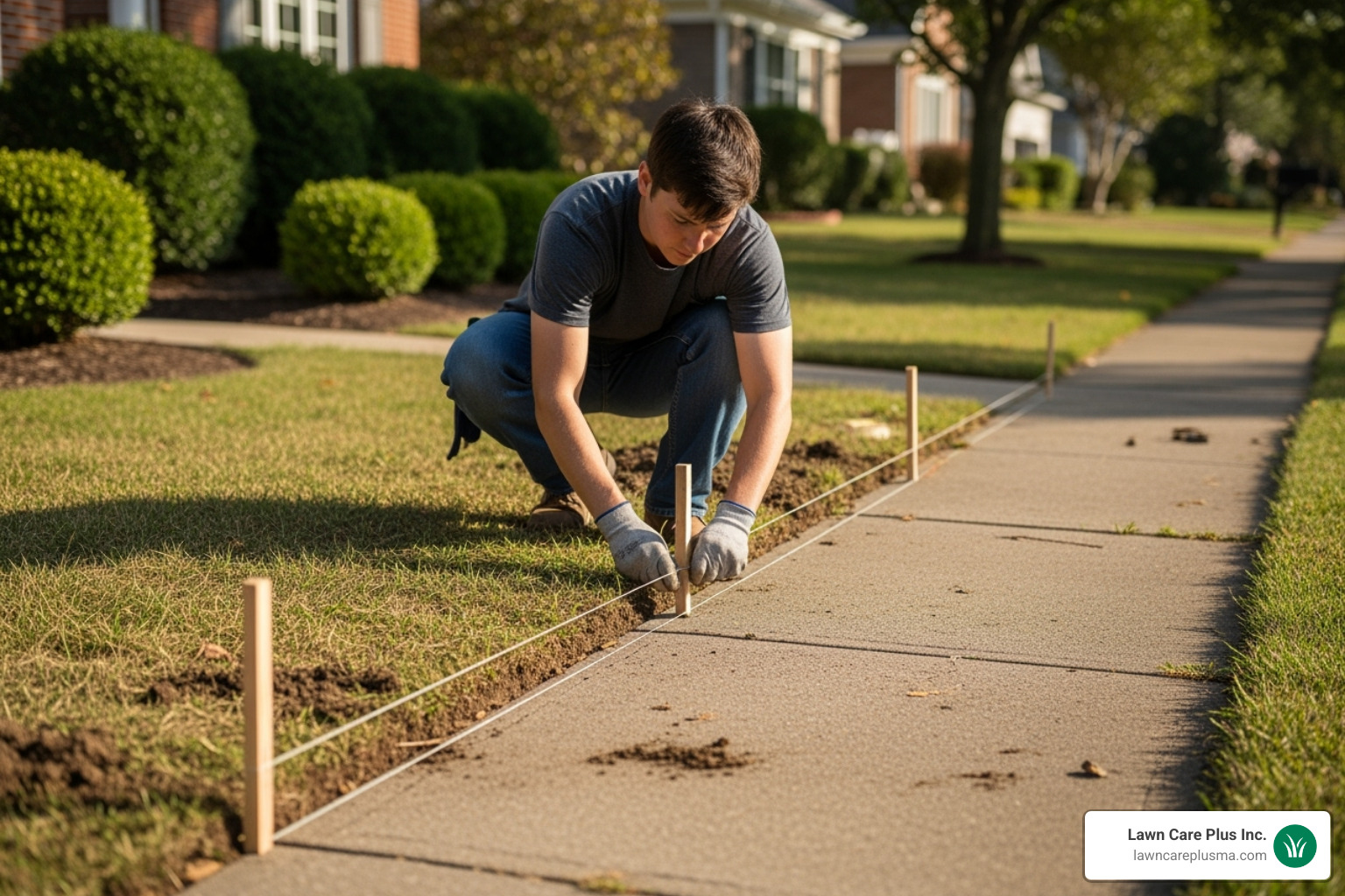 A person measuring and marking a line for a trench next to a sidewalk with stakes and string. - french drain sidewalk