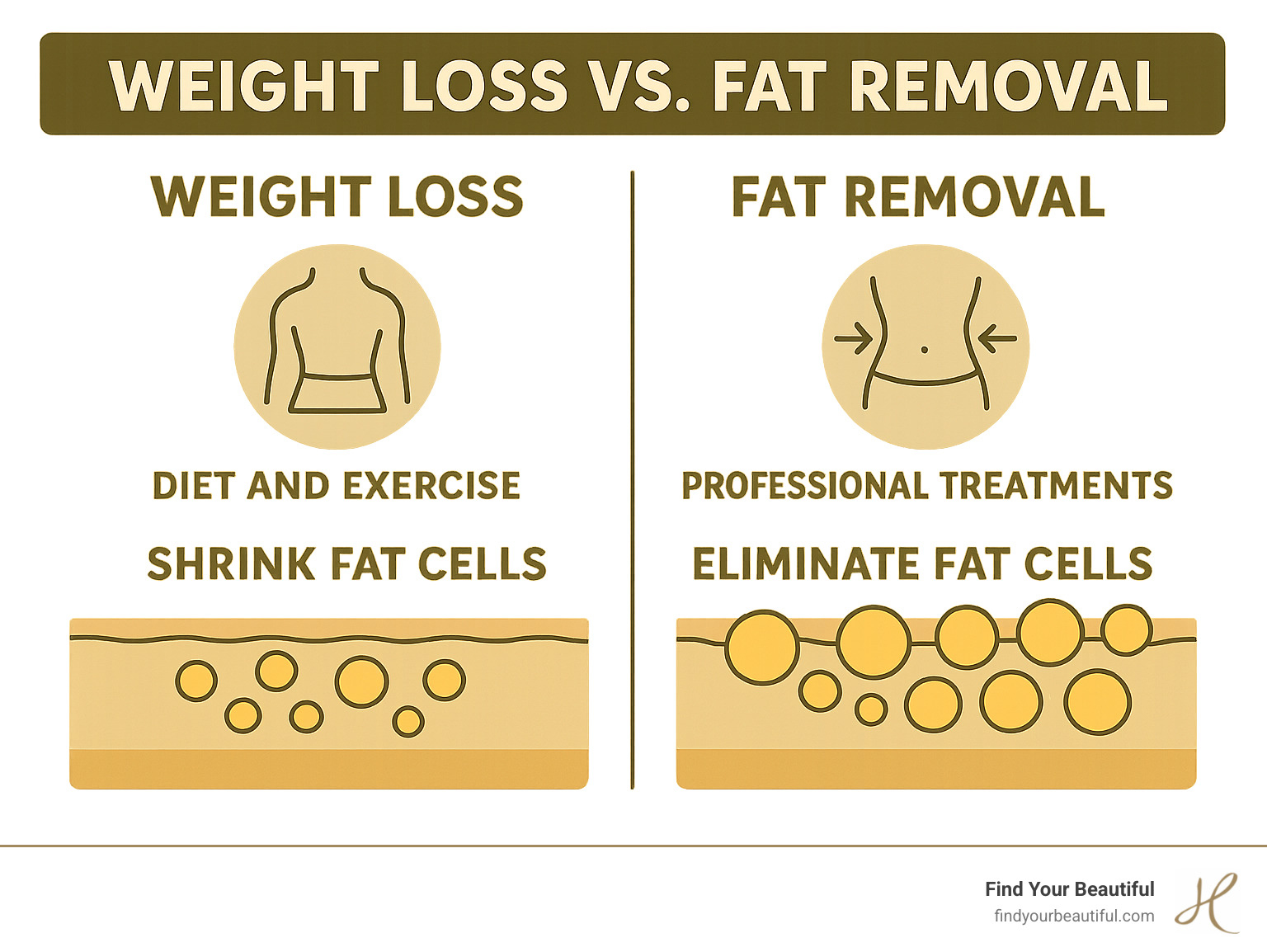 Infographic comparing weight loss vs fat removal showing how diet and exercise shrink fat cells while professional treatments eliminate fat cells permanently from specific body areas - fat removal san antonio infographic 