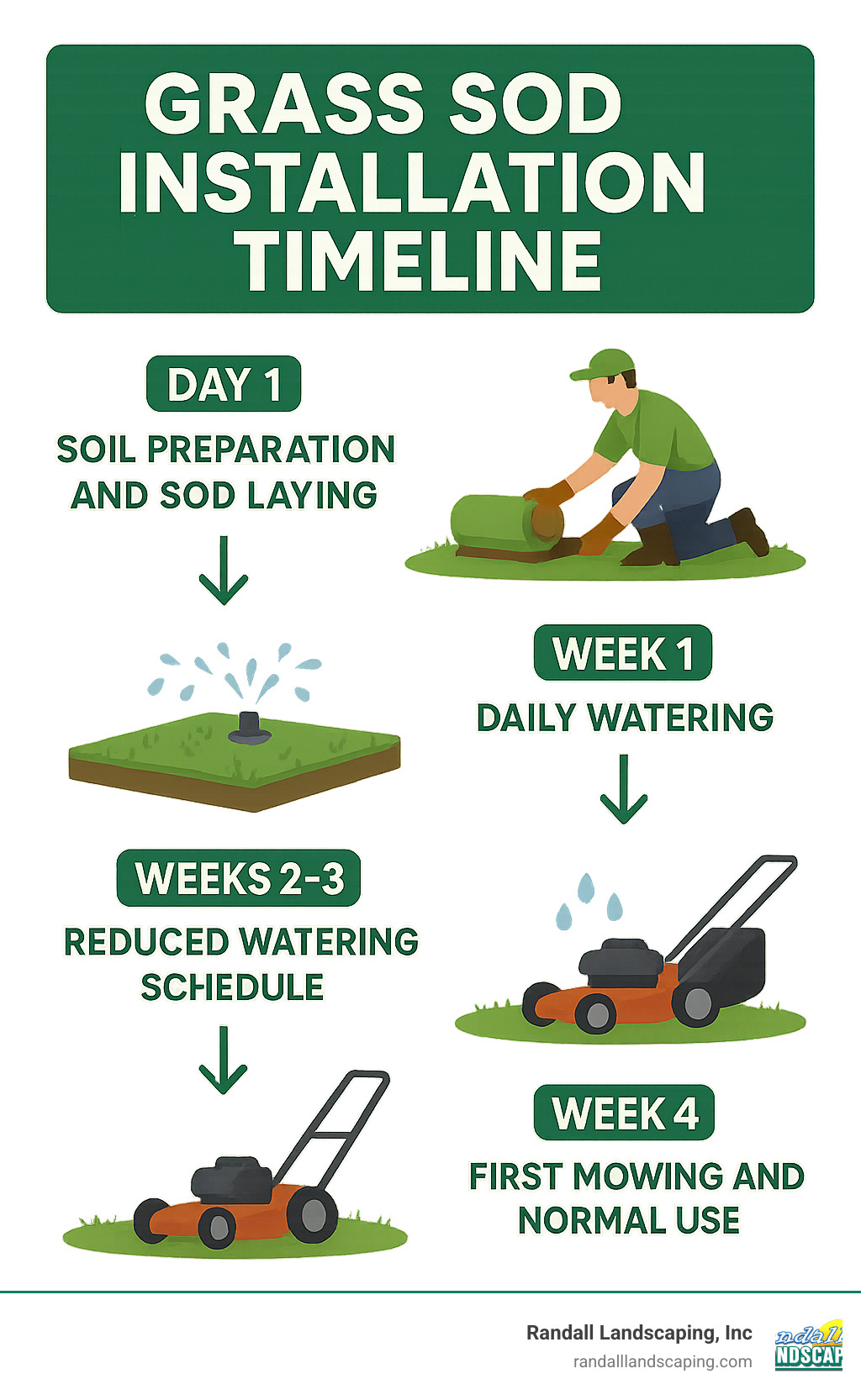 Infographic showing grass sod installation timeline: Day 1 soil preparation and sod laying, Week 1 daily watering, Weeks 2-3 reduced watering schedule, Week 4 first mowing and normal use - grass sod installation infographic 