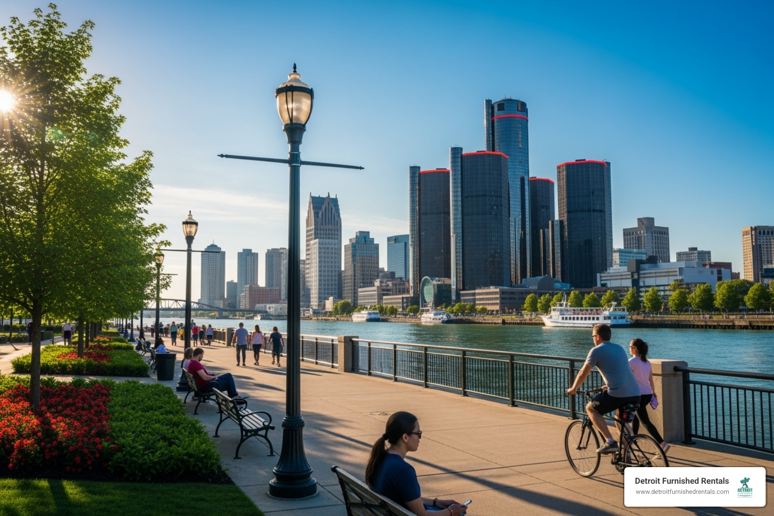 The Detroit Riverwalk with the skyline in the background - detroit vacation homes