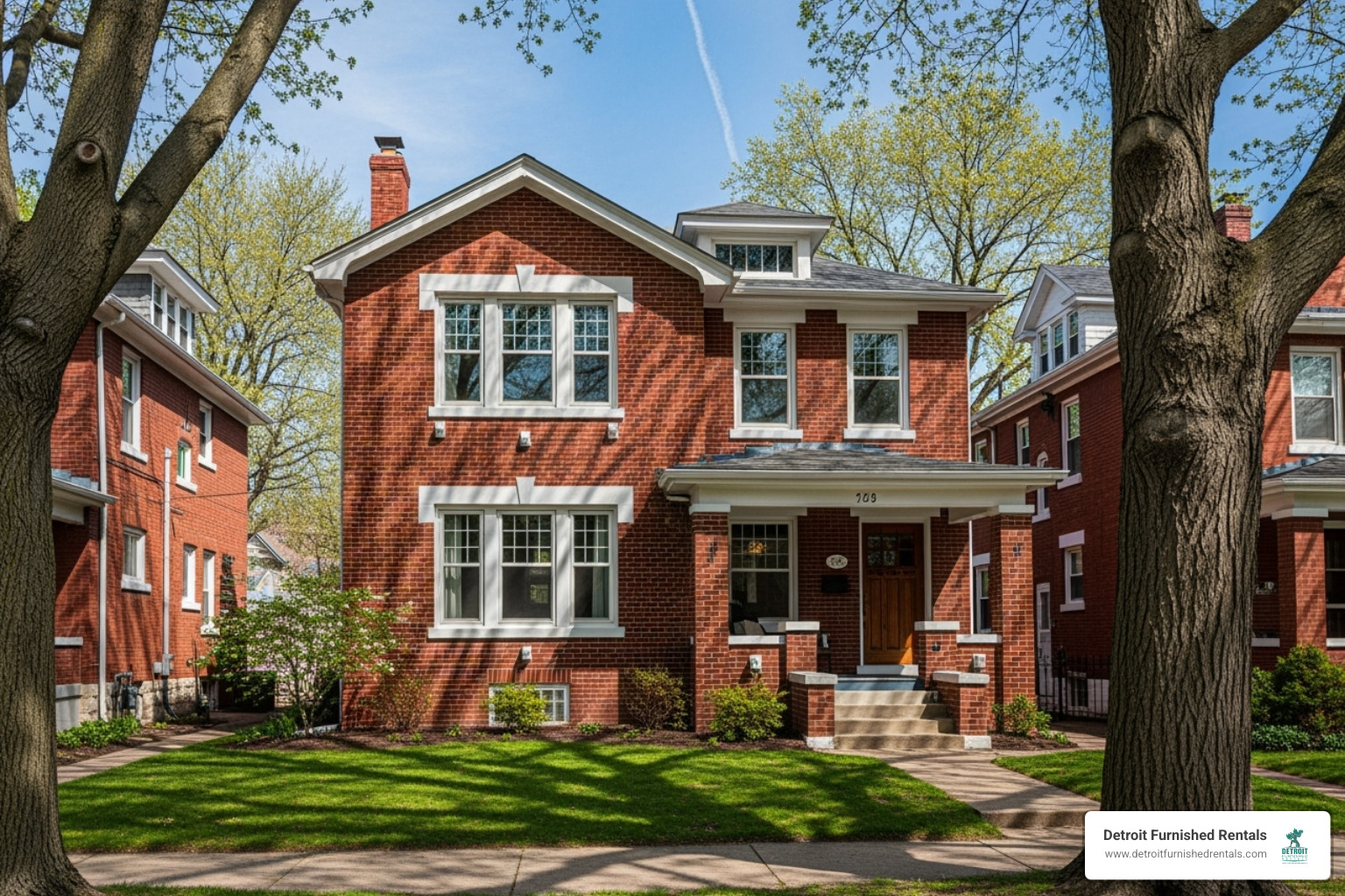 A historic brick home in a Detroit neighborhood managed by Detroit Furnished Rentals - detroit vacation homes
