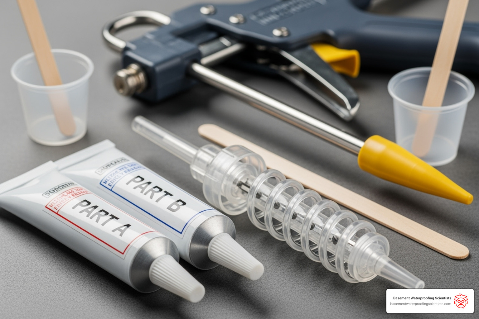 Tools for an epoxy injection kit, including tubes, mixing nozzle, and crack sealer - crack in basement wall leaking water Tools for an epoxy injection kit, including tubes, mixing nozzle, and crack sealer - crack in basement wall leaking water