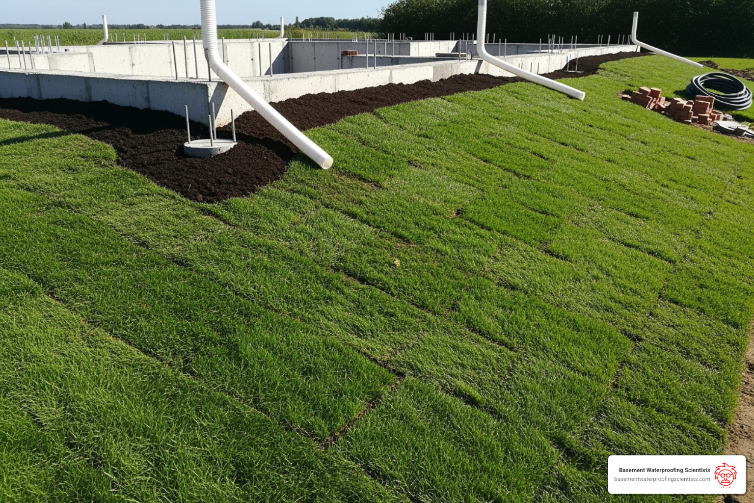 Proper yard grading away from a house foundation with a green lawn and clear downspout - crack in basement wall leaking water Proper yard grading away from a house foundation with a green lawn and clear downspout - crack in basement wall leaking water