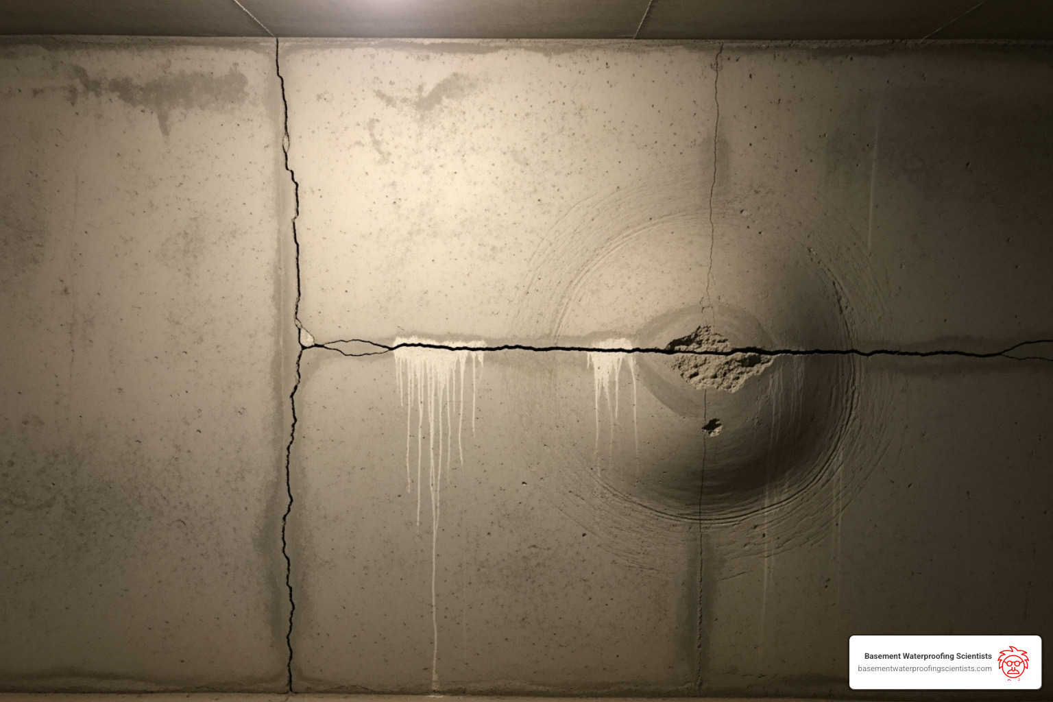 Image showing a vertical hairline crack labeled non-structural and a horizontal crack with bowing labeled structural - crack in basement wall leaking water Image showing a vertical hairline crack labeled non-structural and a horizontal crack with bowing labeled structural - crack in basement wall leaking water