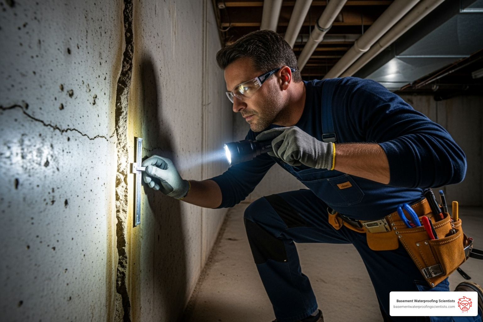 Professional inspector examining a large foundation crack with a flashlight - crack in basement wall leaking water Professional inspector examining a large foundation crack with a flashlight - crack in basement wall leaking water