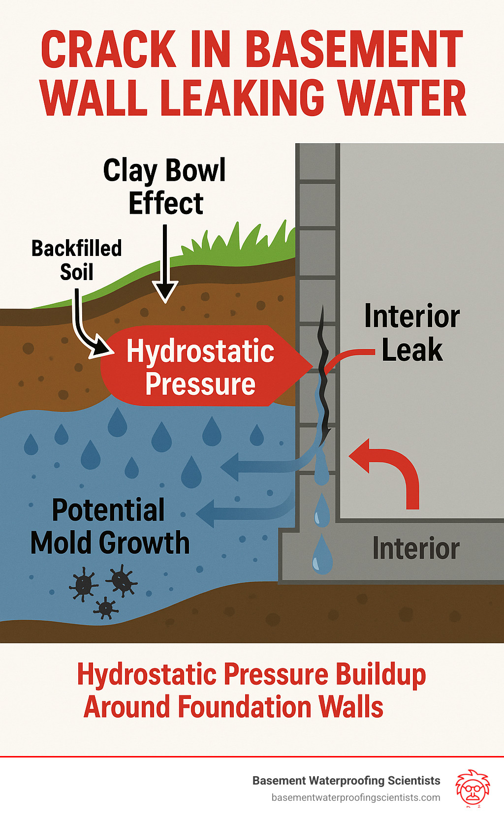 Infographic showing hydrostatic pressure buildup around foundation walls, clay bowl effect from backfilled soil, and how water pressure forces moisture through basement wall cracks, leading to interior leaks and potential mold growth - crack in basement wall leaking water infographic Infographic showing hydrostatic pressure buildup around foundation walls, clay bowl effect from backfilled soil, and how water pressure forces moisture through basement wall cracks, leading to interior leaks and potential mold growth - crack in basement wall leaking water infographic