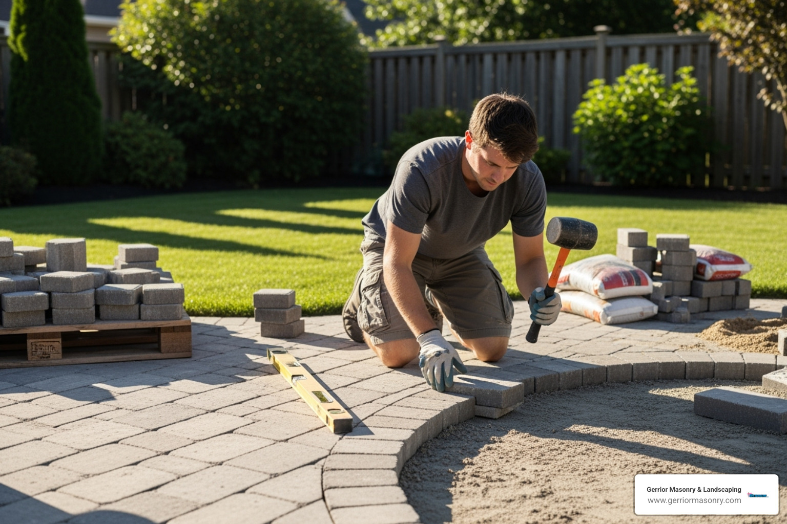 homeowner building paver patio - diy landscape design