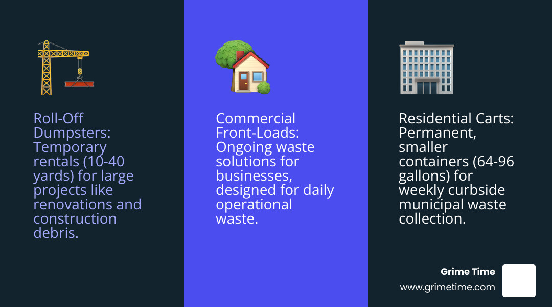 Comprehensive comparison chart showing different big trash container types, sizes from 10-40 yards with dimensions, capacities in pickup truck loads and trash bags, typical rental periods, and best use cases for residential cleanouts, construction projects, and commercial applications - big trash container infographic 3_facts_emoji_blue
