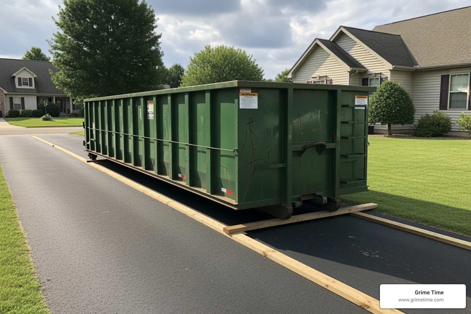 Properly placed dumpster with protective boards on a residential driveway, illustrating clear access for the delivery truck and safe distance from structures - big trash container