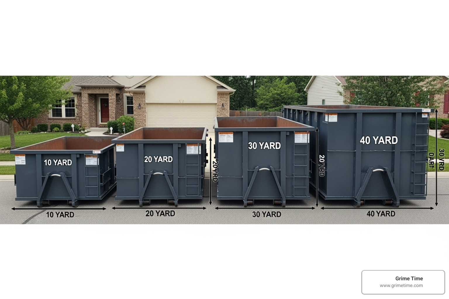 A visual comparison of different dumpster sizes, showing the relative scale of 10-yard, 20-yard, 30-yard, and 40-yard roll-off dumpsters side-by-side on a residential driveway, indicating their typical length, width, and height - big trash container