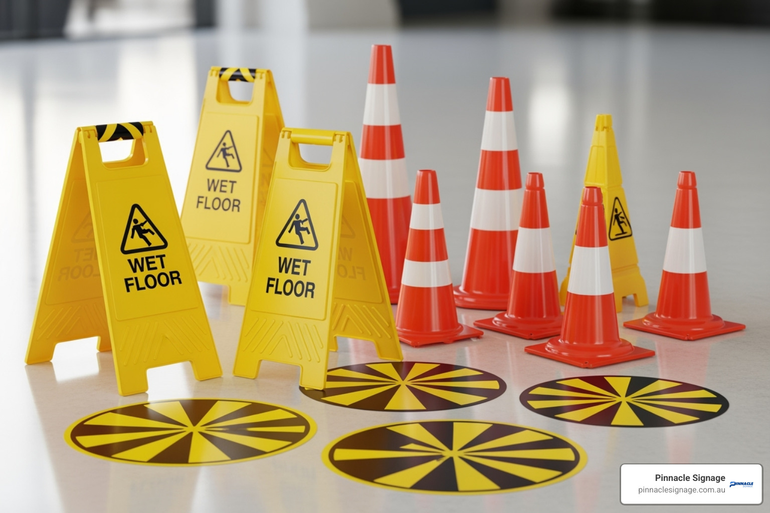collection of different slippery floor signs, including A-frames, cones, and floor decals - slippery floor warning signs collection of different slippery floor signs, including A-frames, cones, and floor decals - slippery floor warning signs