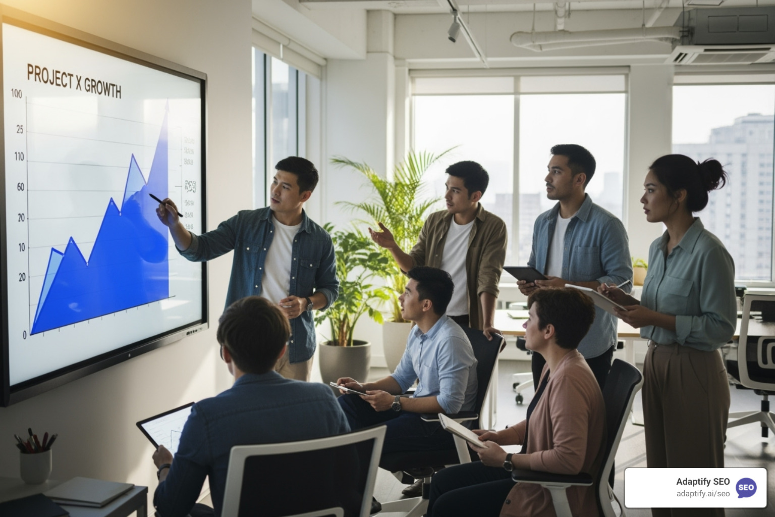 A digital agency team collaborating around a whiteboard showing a growth trajectory - White label SEO agency