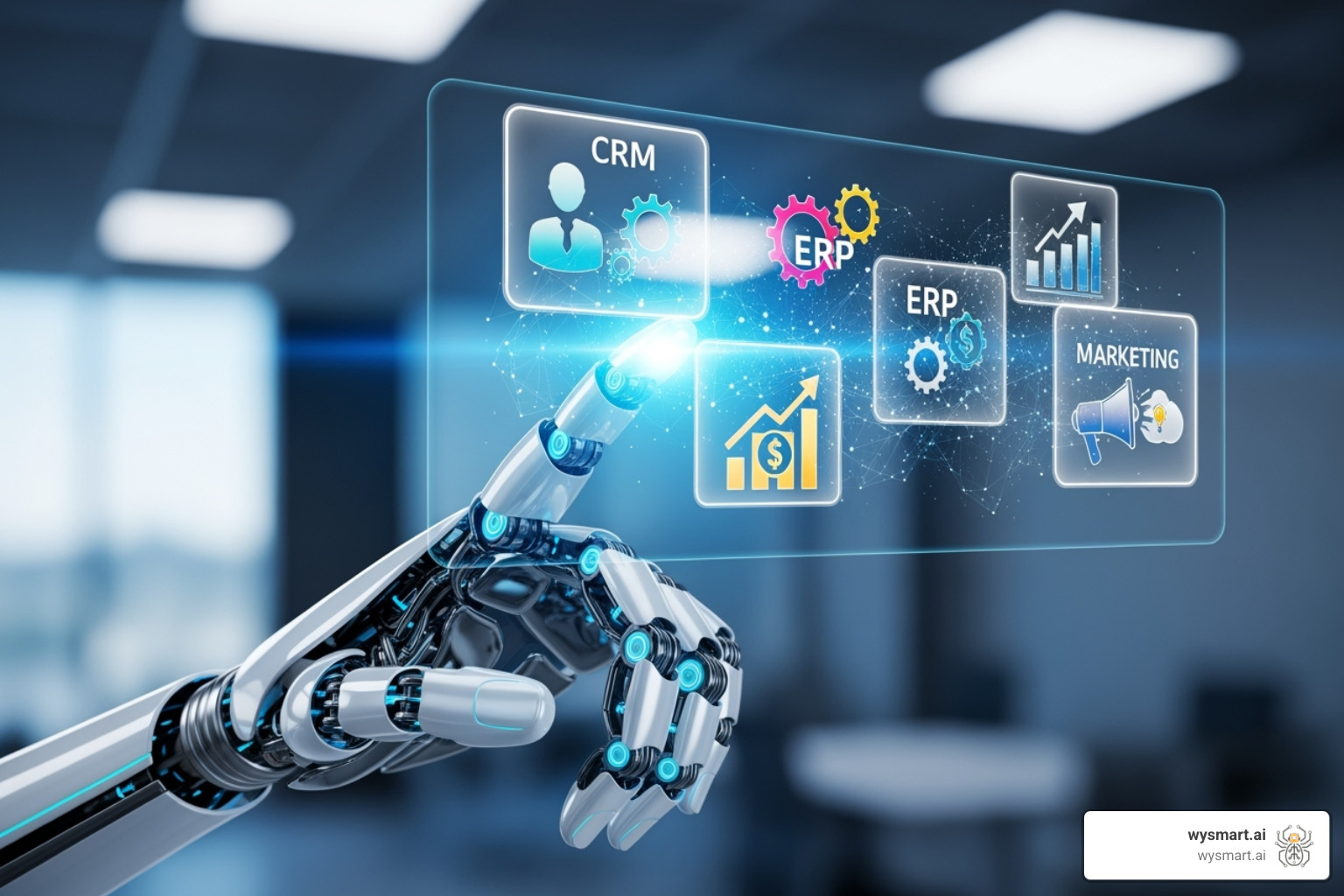 AI bot interacting with various business application icons, symbolizing the integration of generative AI into business processes for automated decision-making and content generation. - bpa software AI bot interacting with various business application icons, symbolizing the integration of generative AI into business processes for automated decision-making and content generation. - bpa software