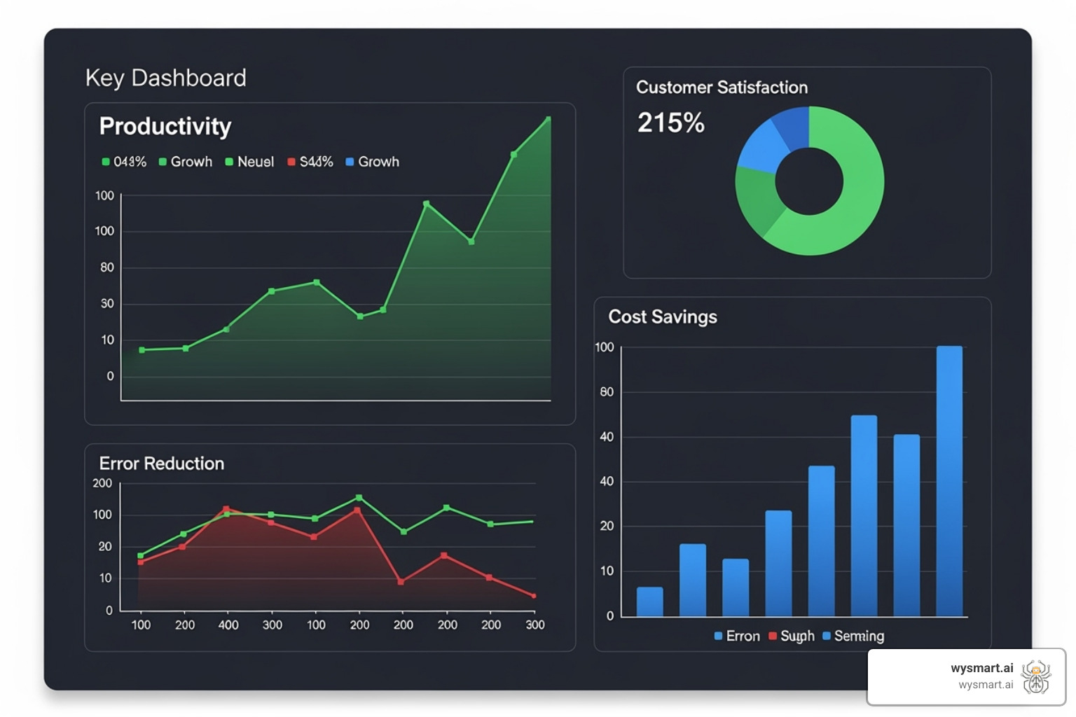 Dashboard showing key performance indicators like productivity gains, cost reductions, error rate decrease, and customer satisfaction scores, illustrating the positive impact of BPA software. - bpa software Dashboard showing key performance indicators like productivity gains, cost reductions, error rate decrease, and customer satisfaction scores, illustrating the positive impact of BPA software. - bpa software