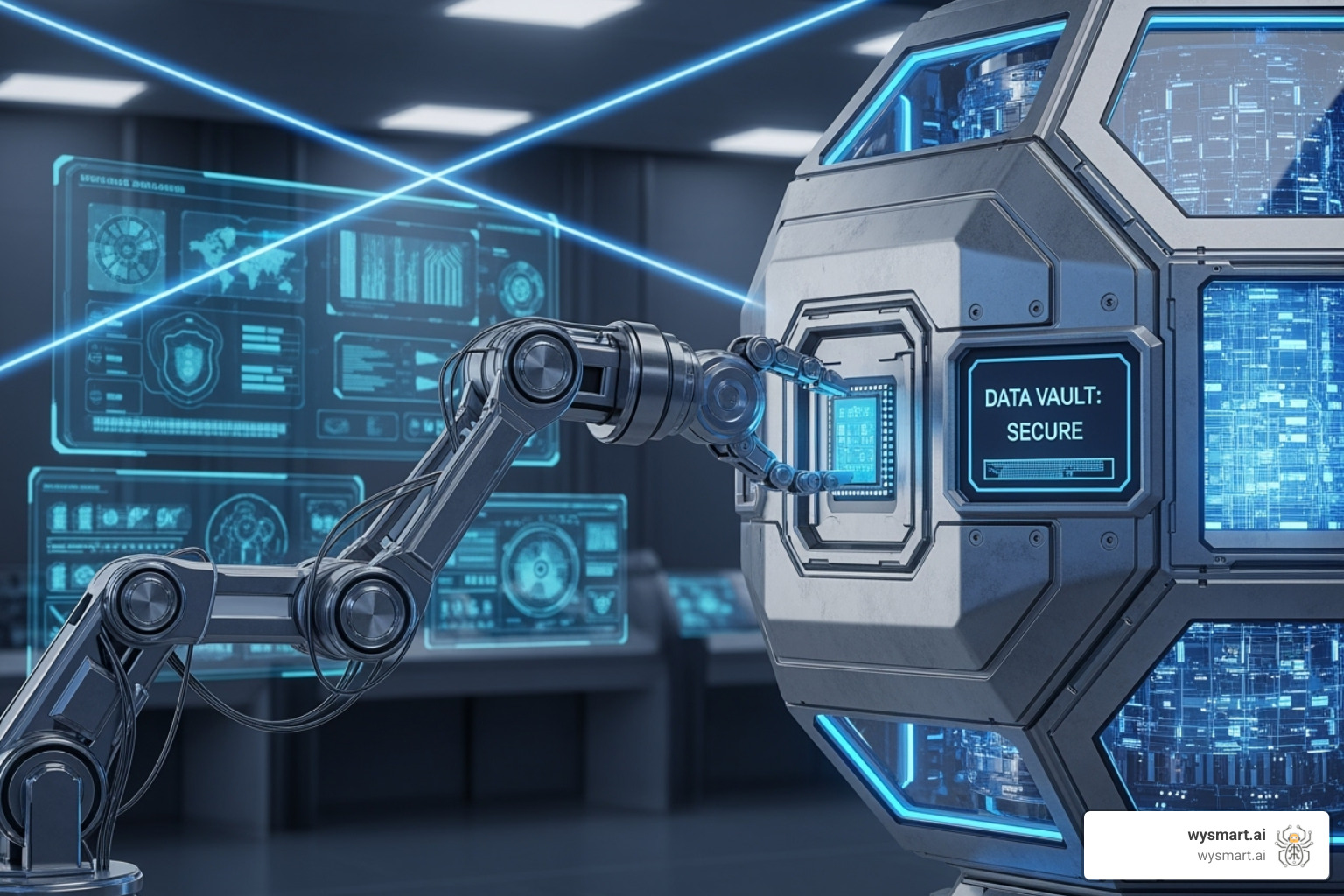 Secure data vault icon with a robot arm placing a file inside, representing improved data security - rpa in bpo industry Secure data vault icon with a robot arm placing a file inside, representing improved data security - rpa in bpo industry