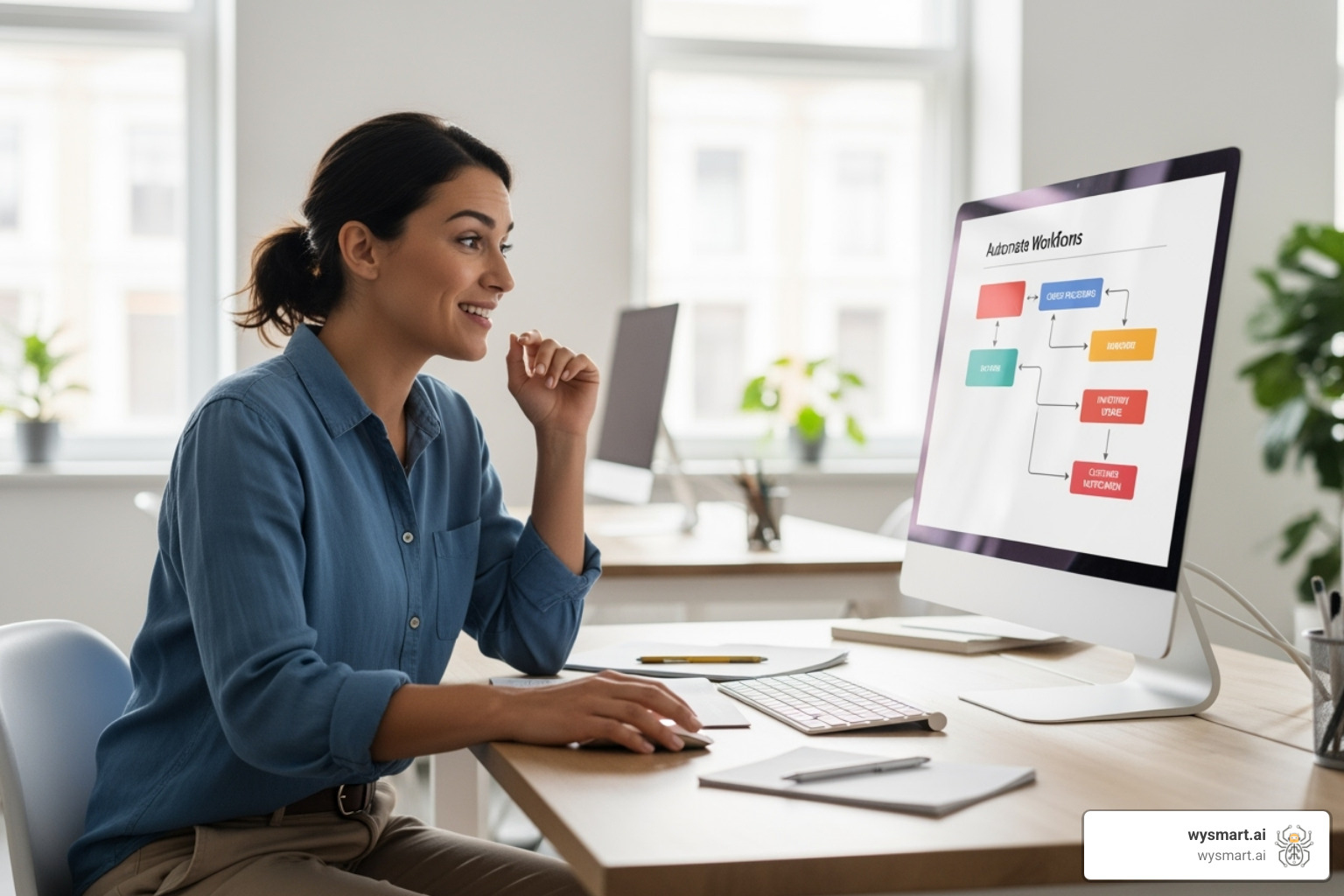small business owner looking relieved at a computer screen showing automated workflows - business process automation company small business owner looking relieved at a computer screen showing automated workflows - business process automation company