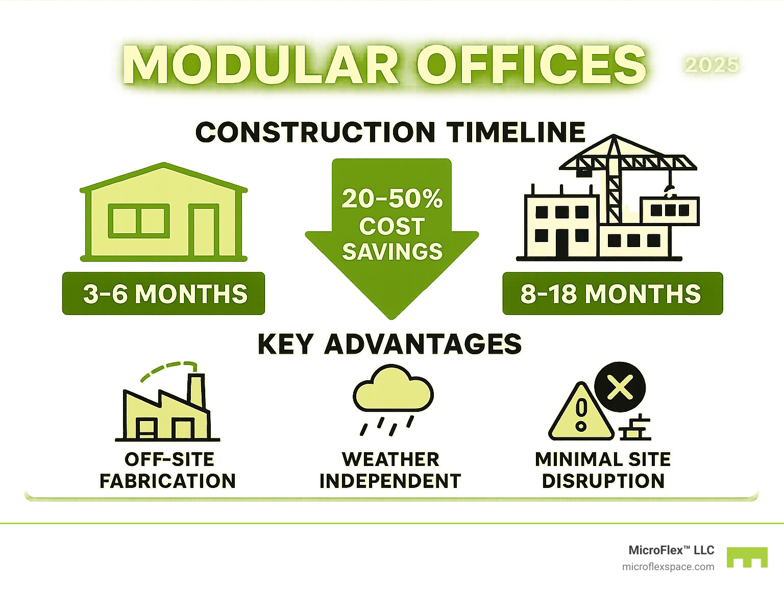 Infographic comparing modular office construction timeline of 3-6 months versus traditional construction timeline of 8-18 months, showing cost savings of 20-50% and key advantages like off-site fabrication, weather independence, and minimal site disruption - modular offices infographic Infographic comparing modular office construction timeline of 3-6 months versus traditional construction timeline of 8-18 months, showing cost savings of 20-50% and key advantages like off-site fabrication, weather independence, and minimal site disruption - modular offices infographic