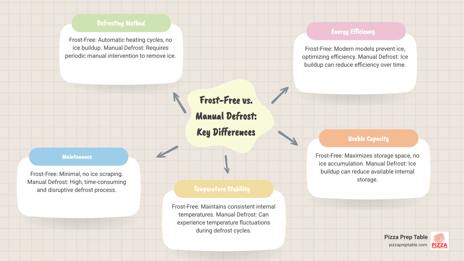 Comparison infographic showing frost-free vs manual defrost freezers with automatic heating cycles, energy efficiency ratings, maintenance requirements, and space-saving benefits for commercial kitchen applications - frost free under counter freezer infographic mindmap-5-items