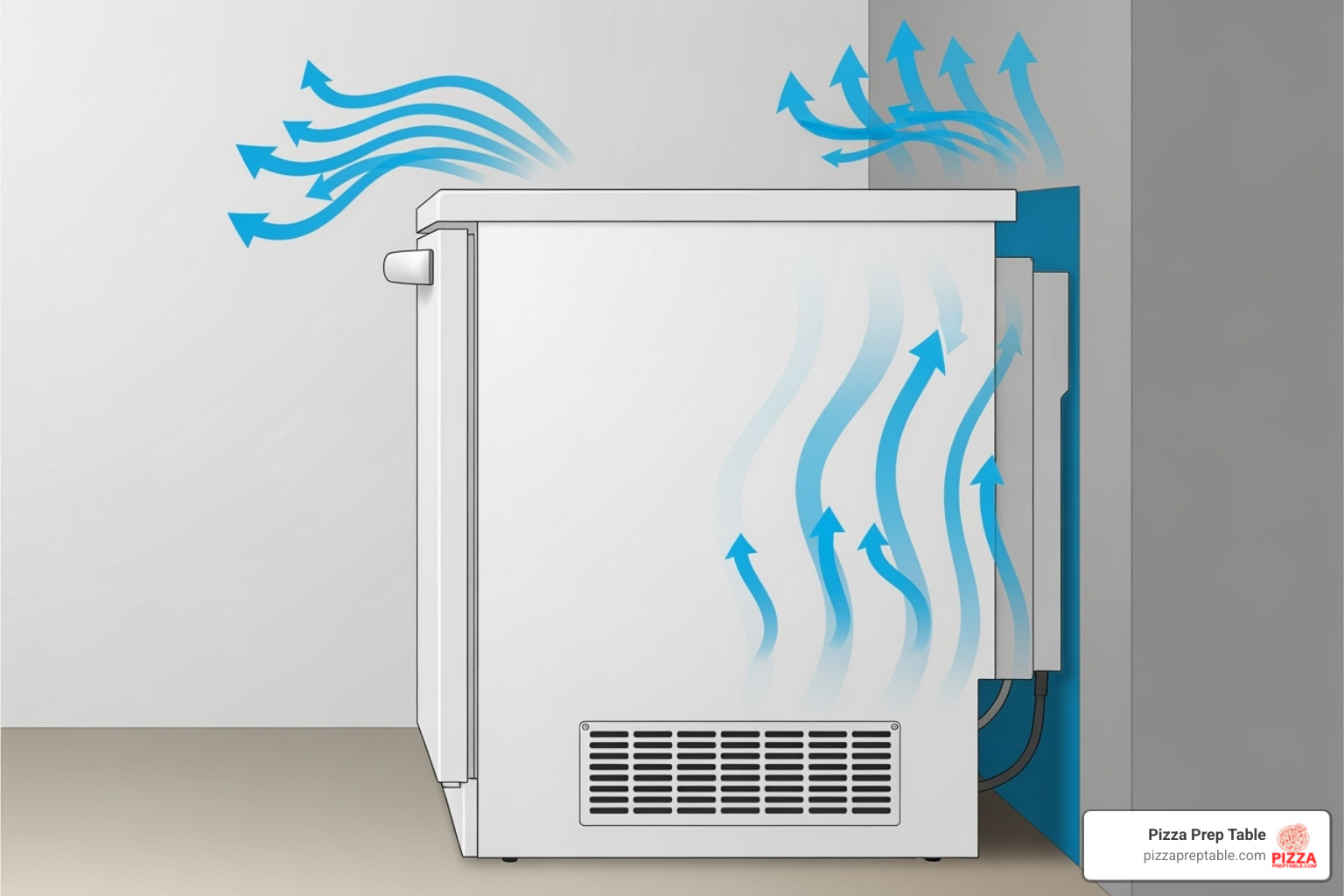 Illustration showing proper ventilation clearance behind an undercounter freezer unit - frost free under counter freezer