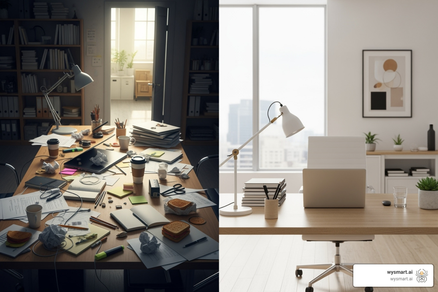 cluttered vs. clean desk representing a chaotic vs. streamlined process - streamline processes and workflows cluttered vs. clean desk representing a chaotic vs. streamlined process - streamline processes and workflows