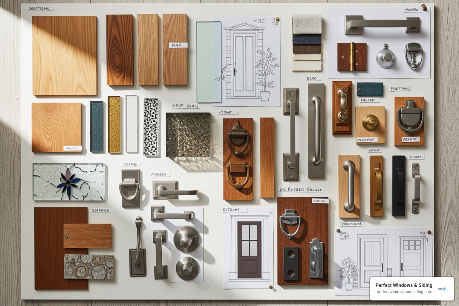 mood board showing wood swatches, glass samples, and hardware finishes - custom exterior doors