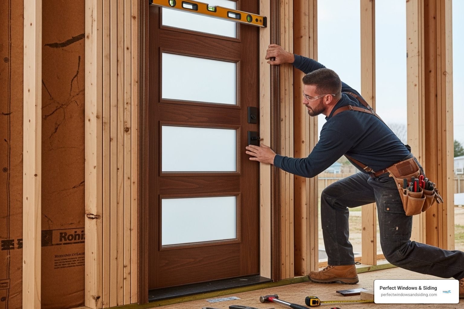 professional installer carefully fitting a pre-hung custom door into a frame - custom exterior doors