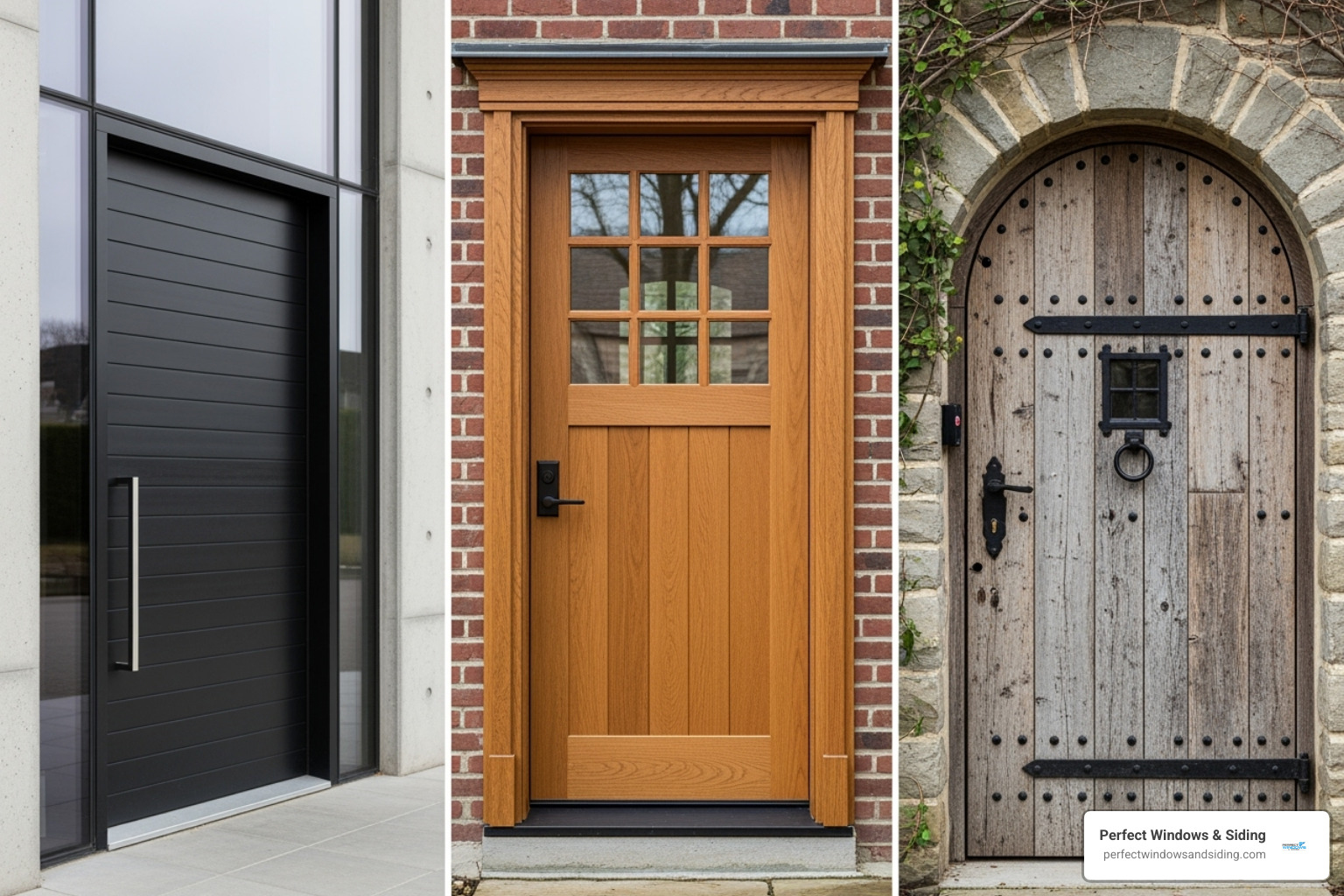 three different door styles: a modern pivot door, a classic craftsman door, and a rustic arched door - custom exterior doors