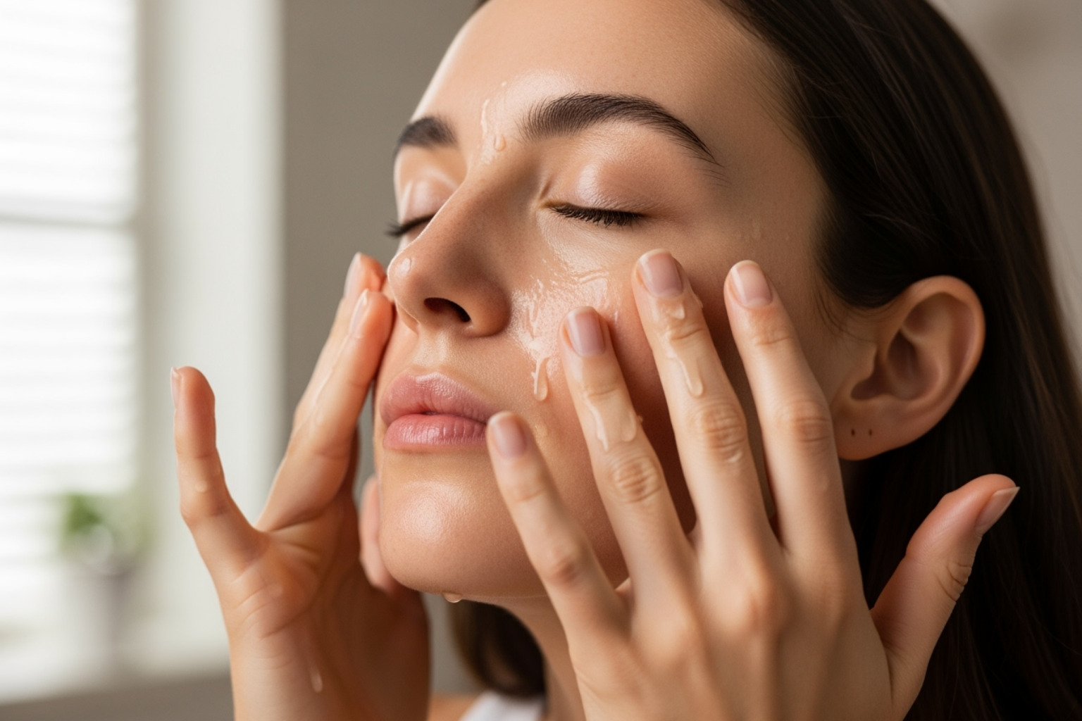 Woman patting essence onto her face - japanese beauty tips for clear skin