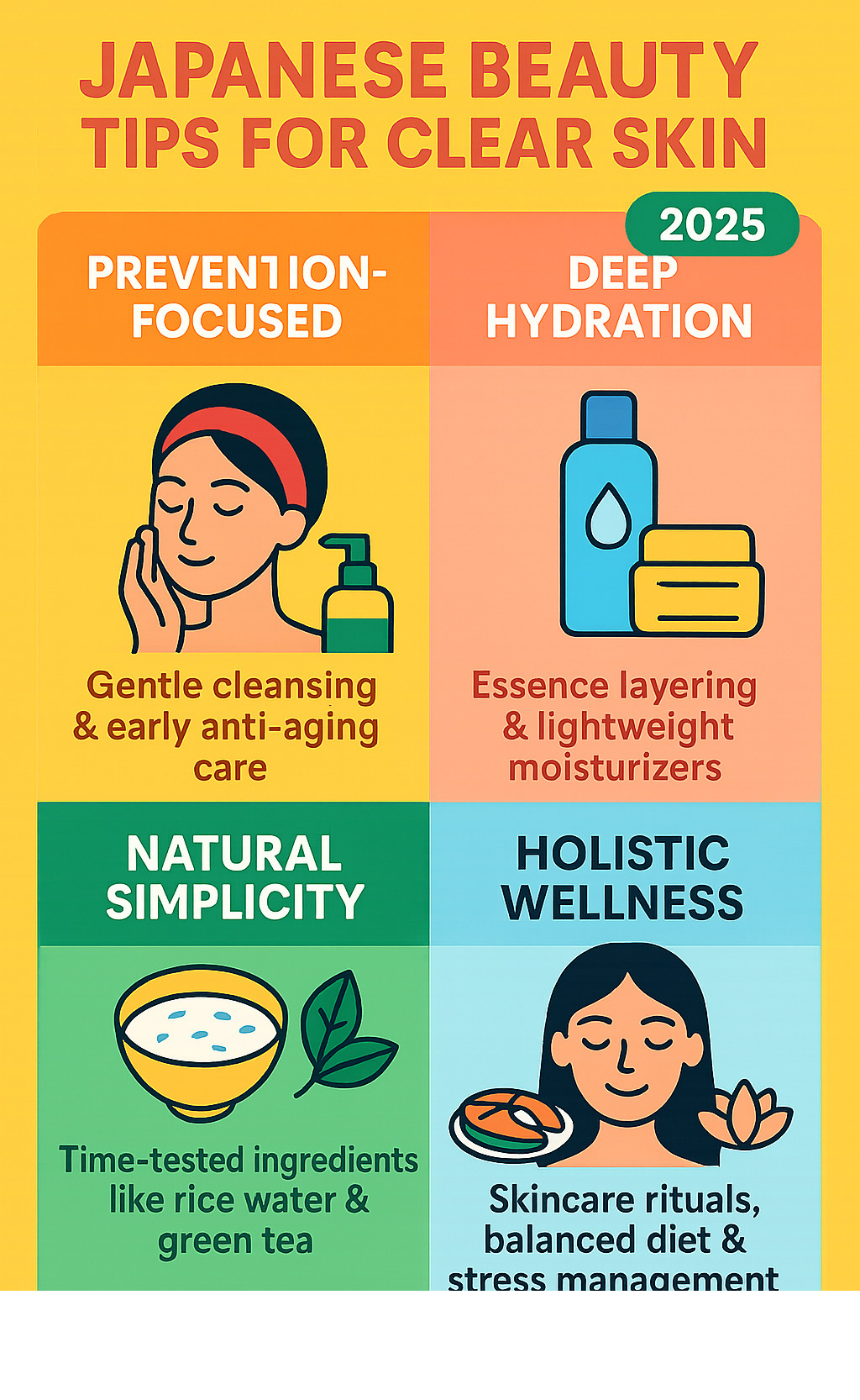 Infographic showing the four pillars of Japanese beauty: Prevention-focused approach with gentle cleansing and early anti-aging care, Deep hydration through essence layering and lightweight moisturizers, Natural simplicity using time-tested ingredients like rice water and green tea, and Holistic wellness combining skincare rituals with balanced diet and stress management - japanese beauty tips for clear skin infographic 