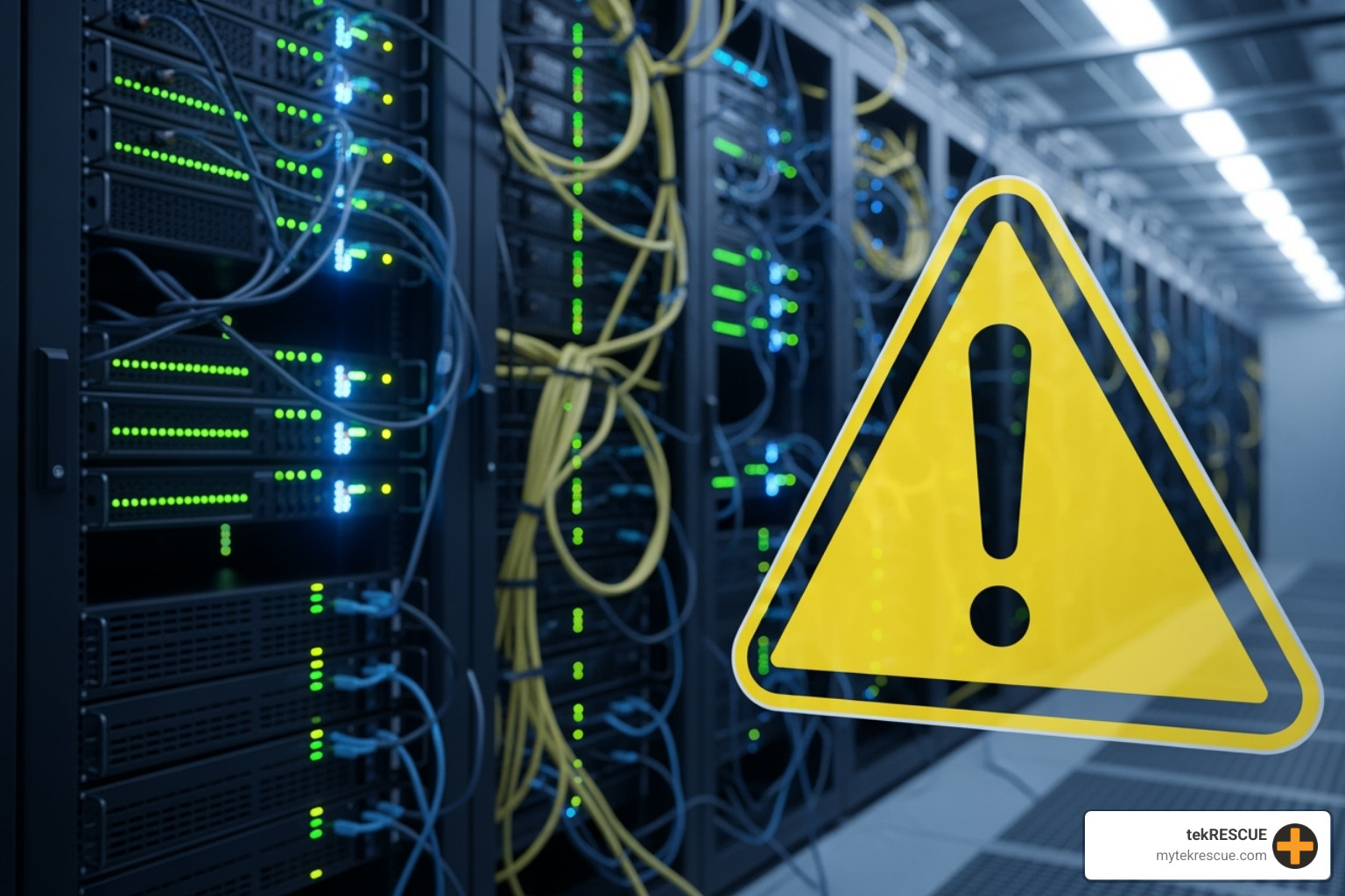 Warning symbol over a server rack - What is IT patching?