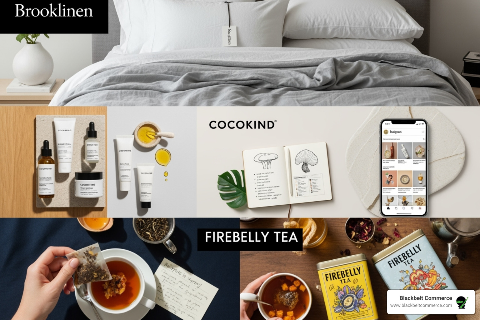 A collage of successful brand content from Brooklinen, Cocokind, and Firebelly Tea - Shopify content strategy
